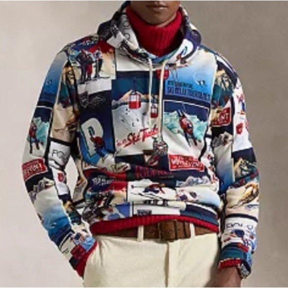 Men’s Polo Ralph Lauren Ski-Theme Fleece Patchwork Hoodie Men’s Size XL NWT - Picture 1 of 10